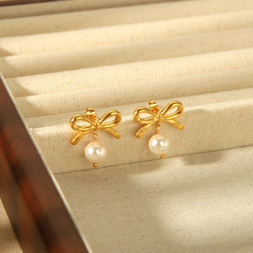 DAIIIBABYYY  -  Stylish 18K Gold Plated Stainless Steel Bowknot Imitation Pearl Drop Stud Earrings for Women Charm Bow Earring Party Gift